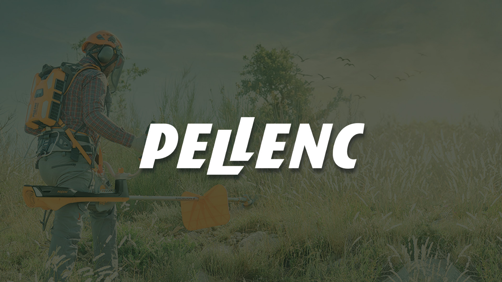 Pellenc Logo mit Akku-Gerät im Hintergrund.