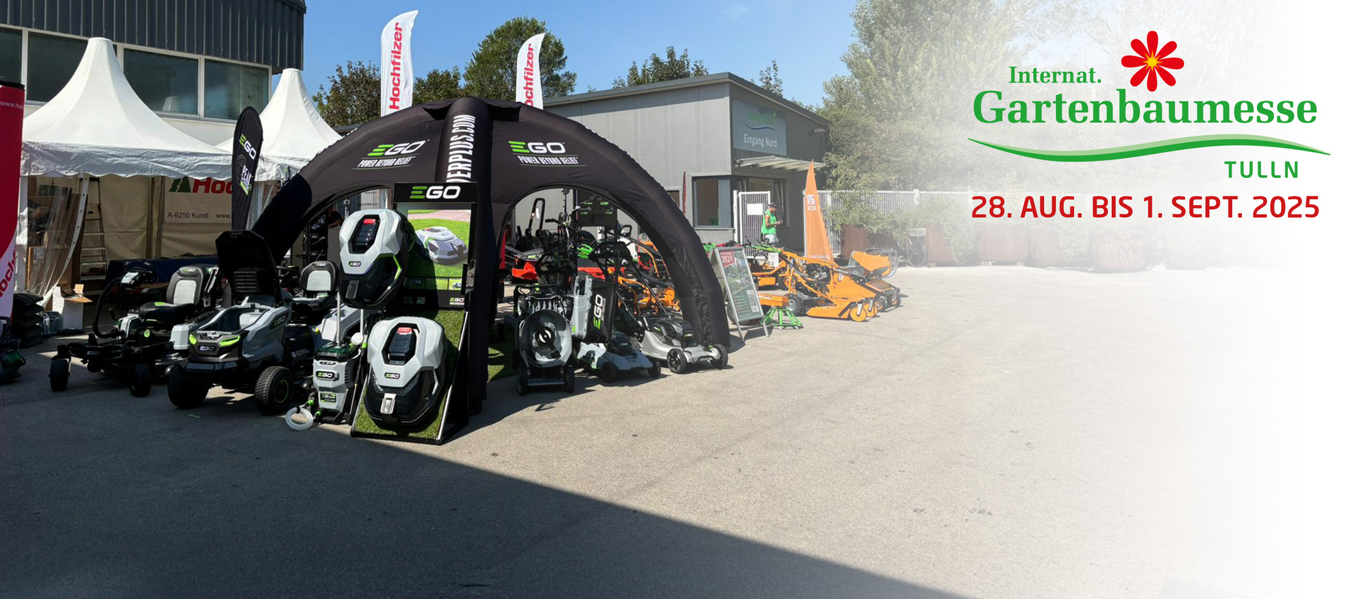 Messestand mit EGO Power+ Produkten auf der Gartenbaumesse in Tulln.